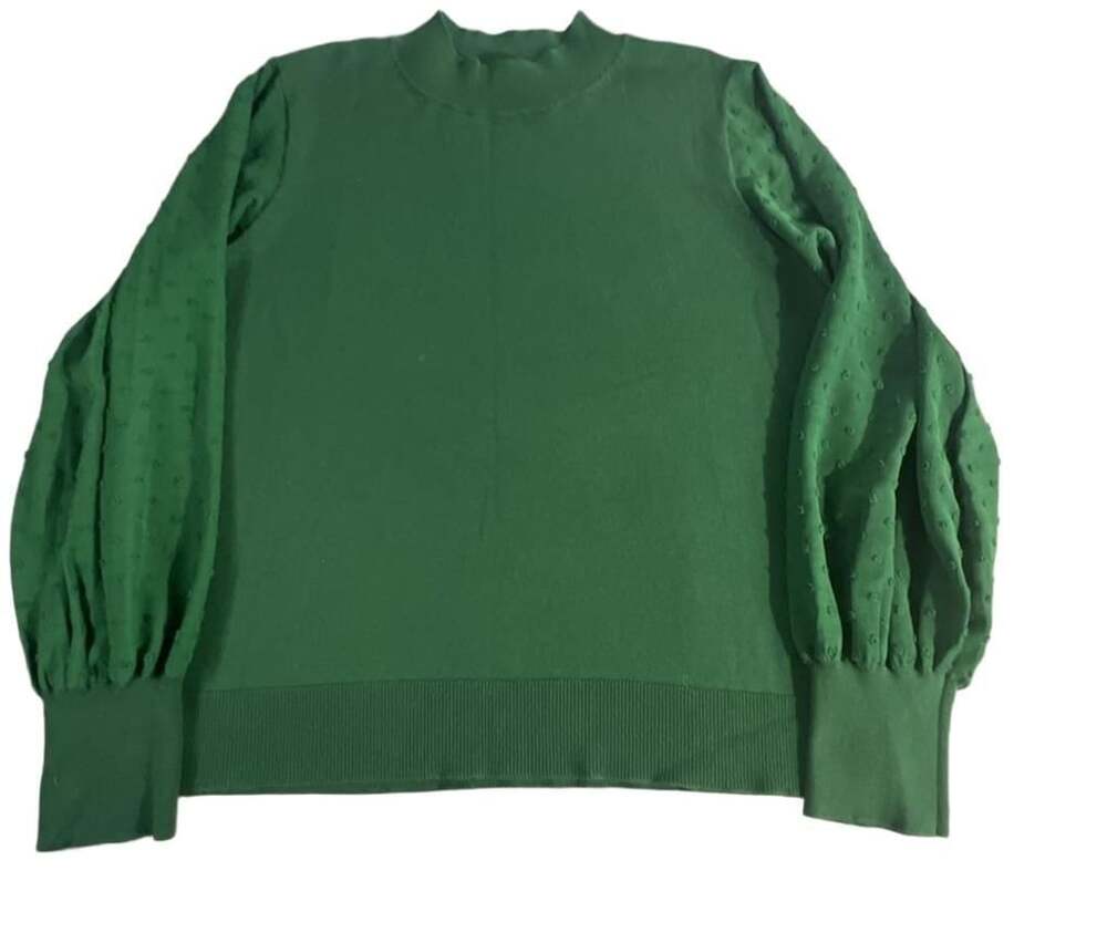 Vince Camuto Green Mock Neck Sweater with Swiss Dot Puff Sleeves